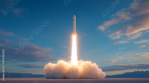 Rocket launching into the sky with trail of fire and smoke against a clear blue backdrop.