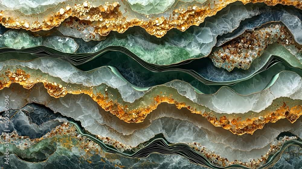 Layered Gemstone Abstract Art: A Luxurious Green and Gold Mineral Composition