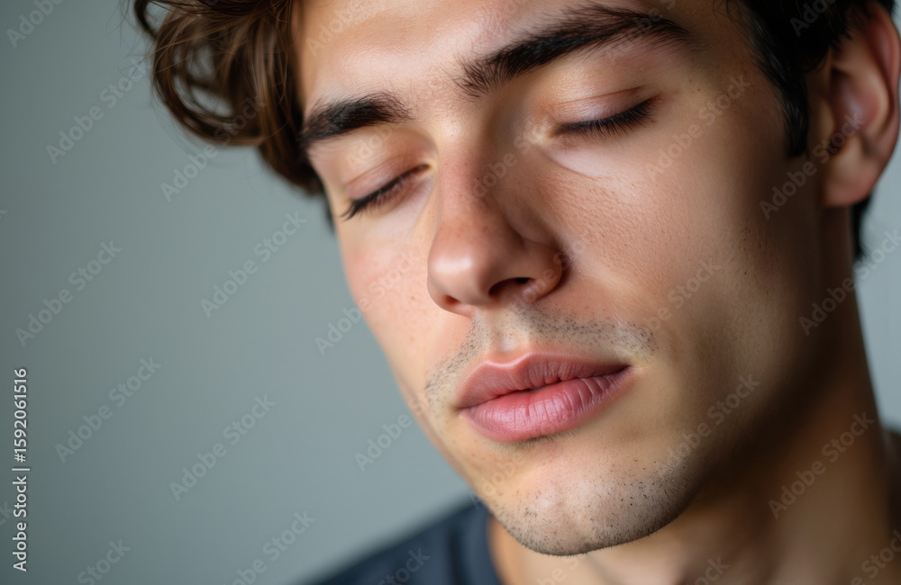Close-up of a young man with closed eyes and relaxed expression, showing smooth skin and dark hair Close-up of a young man with closed eyes and relaxed expression, showing smooth skin and dark hair