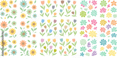Colorful Floral Vector Illustrations: Sunflowers Tulips Succulents and Leaves.