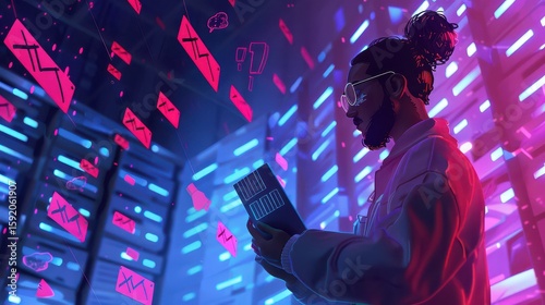 Man with glasses holding device in neon cityscape with floating icons and geometric shapes around him