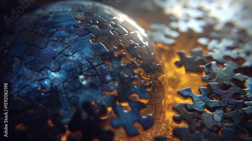 Abstract earth planet dissolving into puzzle pieces with fiery background