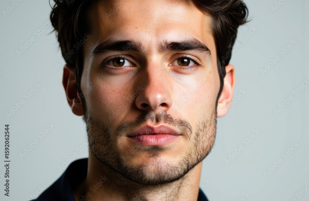 Obraz premium A young man with dark hair and a serious expression looking directly at the camera