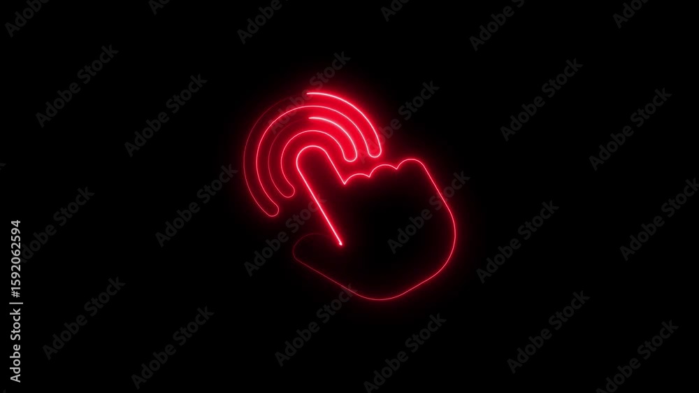 Glowing red neon hand gesture symbol indicates touch or click animation loop
