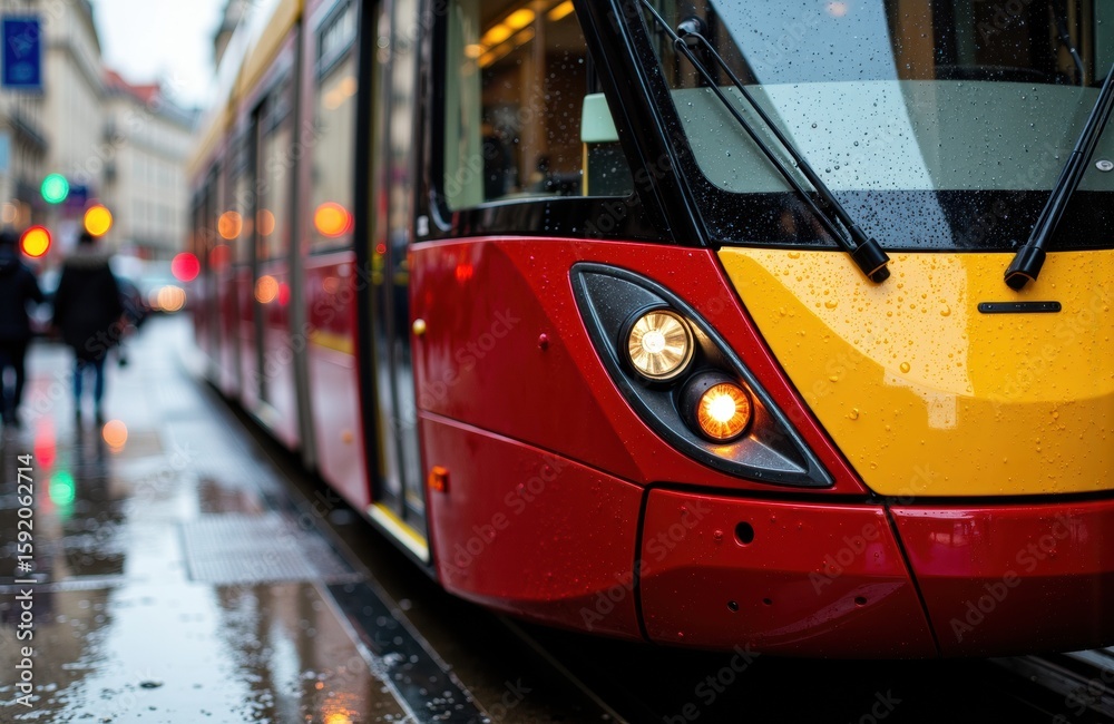 Fototapeta premium Modern red and yellow tram moving through city streets on rainy day with wet pavement and blurred background