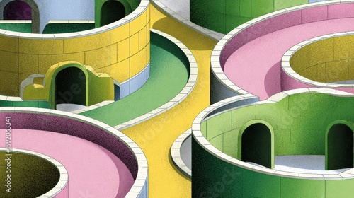 Abstract maze of vibrant, curved tunnels