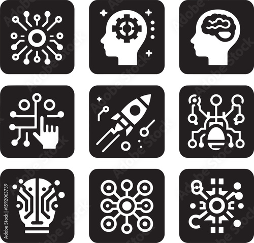 Skull and crossbones icons vector set: a black silhouette symbol for internet design, illustrating a concept of information artificial intellegence