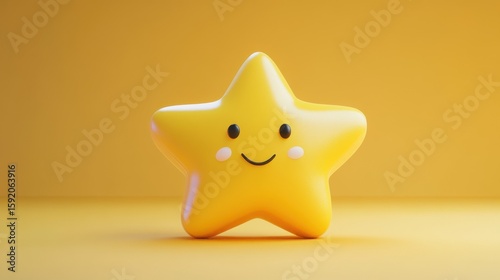 This adorable smiling yellow star character features a friendly expression on a vibrant yellow background. Perfect for children's themes, designs, and cheerful visuals.