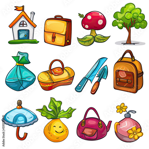 Cartoon icons of various objects.  