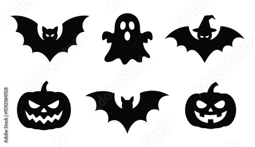 Spooky Halloween Silhouettes: Bats, Ghosts, and Jack-o'-Lanterns for Holiday Design