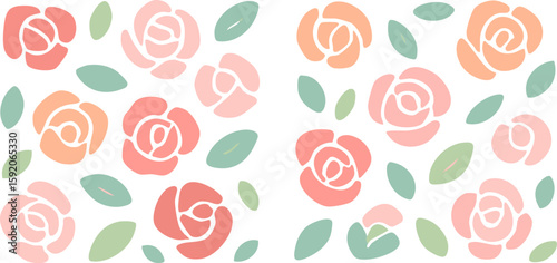 Pastel Roses and Leaves Pattern Soft Colors Floral Design Vector Illustration.