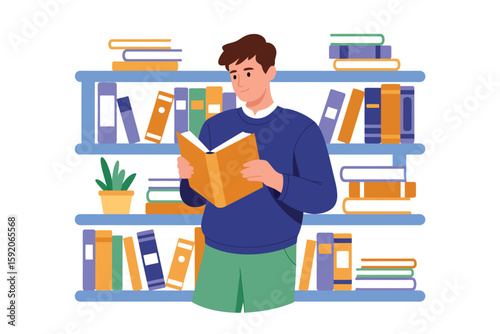 Book Fair Employee Organizing Chapter Books on Shelves Vector Illustration – Promoting Reading, Literacy, and Accessibility for Young Readers in a Colorful Educational Environment Ideal for Posters an