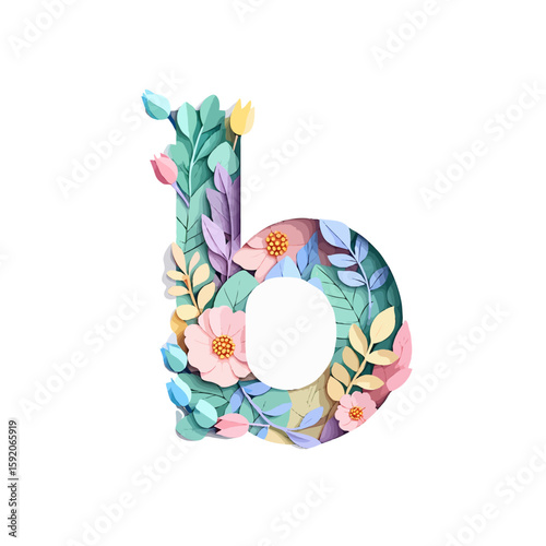 Vector art of letter b is decorated with pastel leaves and flowers isolated on white background
