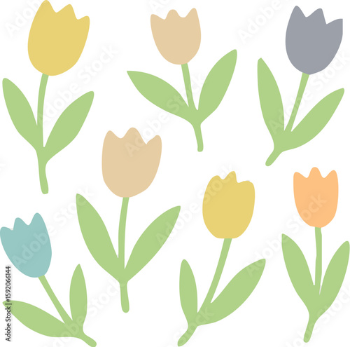 Stylized pastel colored tulip flowers with green stems and leaves simple flat design.