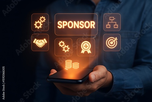 Man holding phone displaying sponsor icons and coins for business growth
