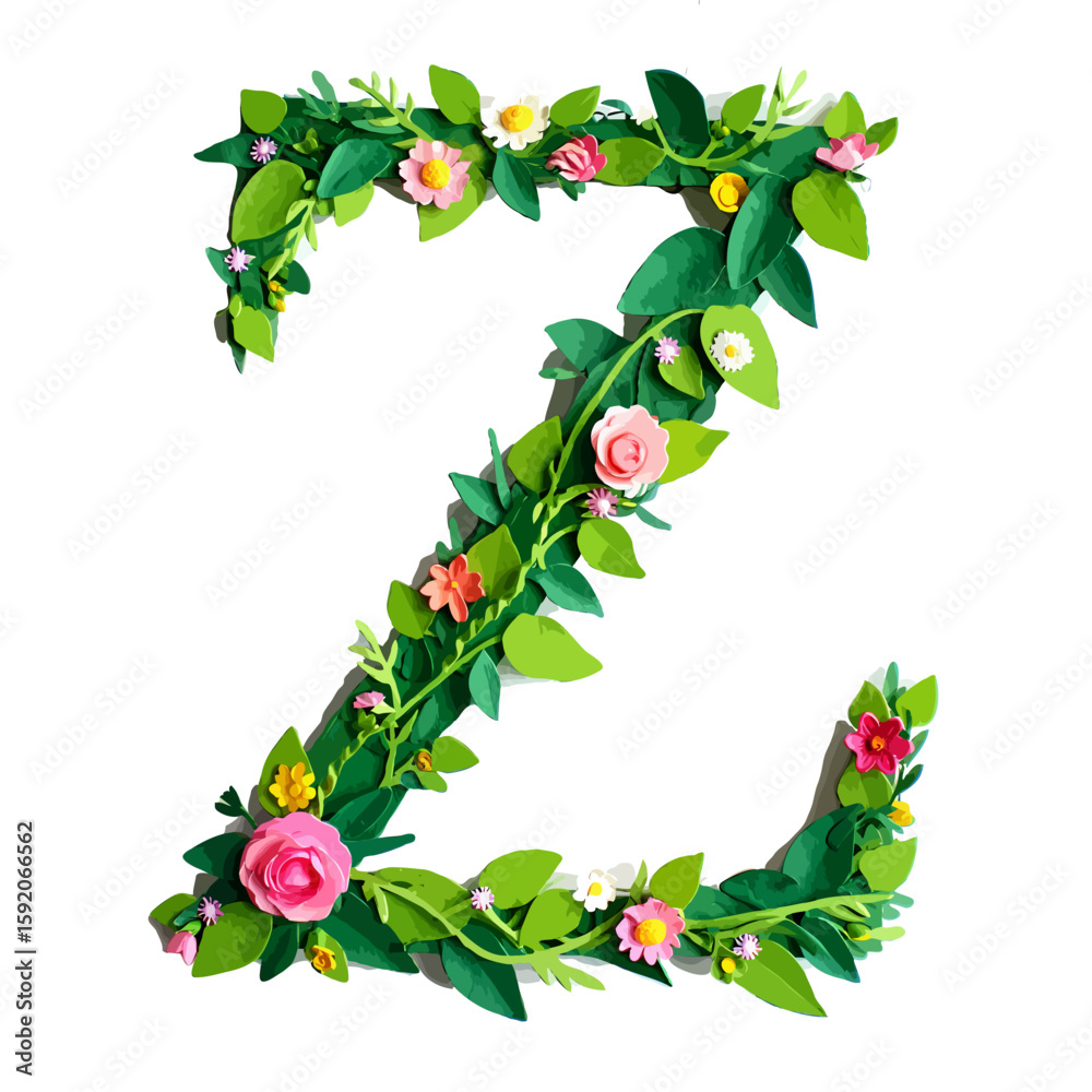 Naklejka premium Vector art of letter z is decorated with green leaves and colorful flowers isolated on white background