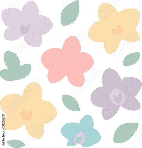 Whimsical Pastel Floral Pattern with Softly Rounded Petals and Leaves.