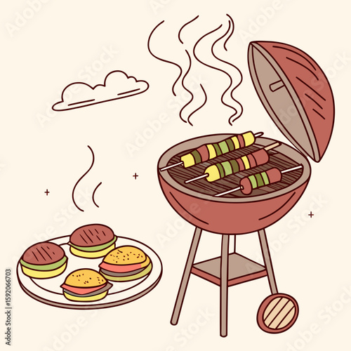 Illustration of a barbecue grill with smoke rising, accompanied by food items and decorative plants around