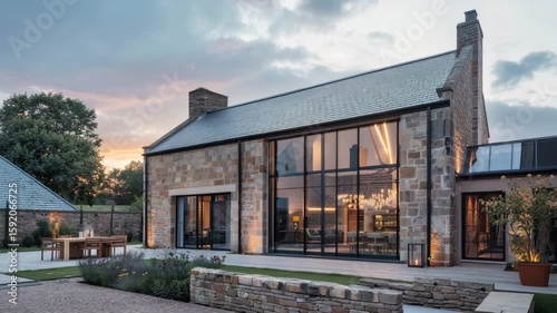 Wallpaper Mural Modern stone house with large windows and outdoor dining area at sunset Torontodigital.ca