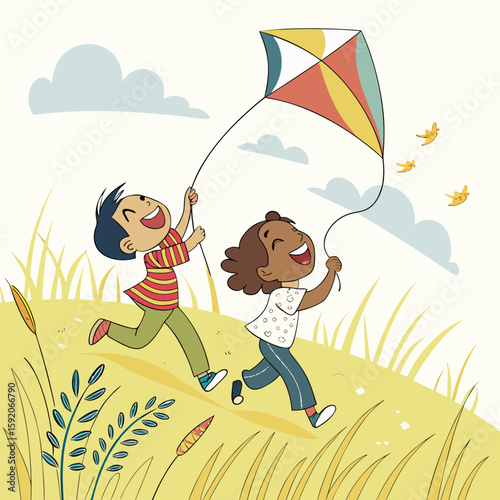 Two children running in a field flying a kite with trees and a hill in the background on a sunny day