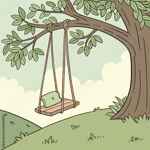 A tree with a swing hanging from a branch with a pillow on the swing in a peaceful outdoor setting