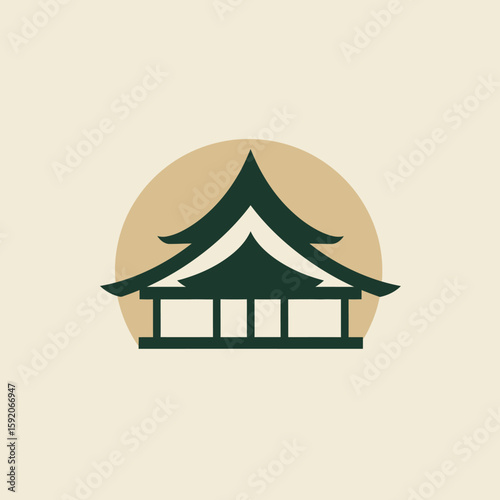 A minimalist graphic illustration presents a traditional East Asian temple or pagoda, featuring a distinctive multi-tiered roof against a warm circular background.