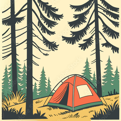Illustration of a yellow camping tent with an open door surrounded by three pine trees in a forest scene