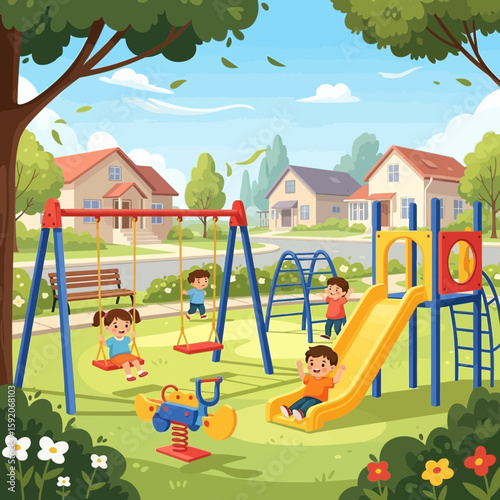 Sunny playground scene with children playing on swings, slides, and see-saw, perfect for illustrating childhood fun and outdoor activities.