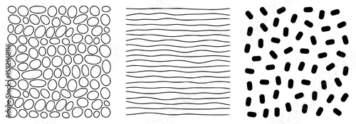 Abstract black and white patterns featuring pebble lines and scattered shapes