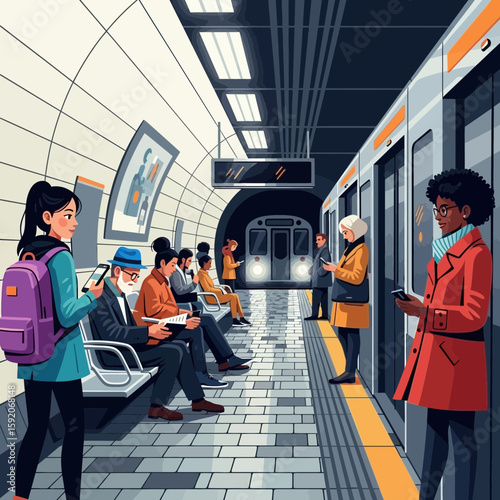 People waiting for the subway on a platform is a flat design for travel, transportation, metro, or urban lifestyle concepts.