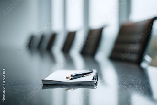 A notepad and pen on a table in a conference room with chairs in the background out of focus view