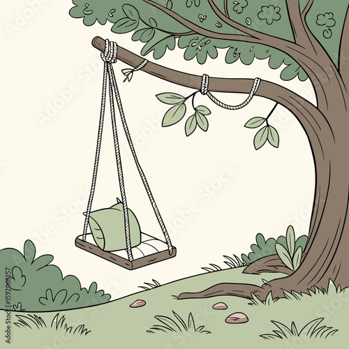 A tree with a swing hanging from a branch with a pillow on the swing in a peaceful outdoor setting
