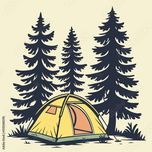 Illustration of a yellow camping tent with an open door surrounded by three pine trees in a forest scene