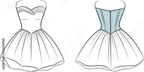 Strapless fashion dress CAD drawing, flat vector illustration, sweetheart neckline, pleated skirt design, stylish garment sketch, front and back view