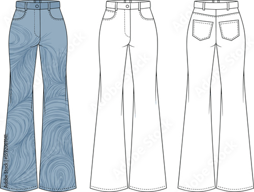 Stylish flared jeans CAD drawing, flat vector illustration, front and back views, fashion sketch template, apparel design outline, clothing tech sketch
