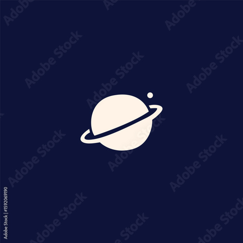 Minimal planet icon with ring in cream color on dark navy background. Space-themed flat vector symbol ideal for technology, astronomy, logo design, and UI elements.