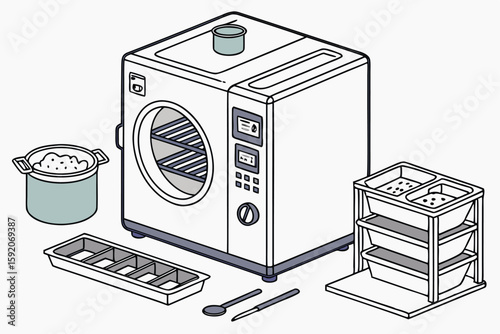 Isometric View of Laboratory Sterilization Setup with Autoclave and Organization Station for Tools and Supplies Ready for Scientific Experimentation