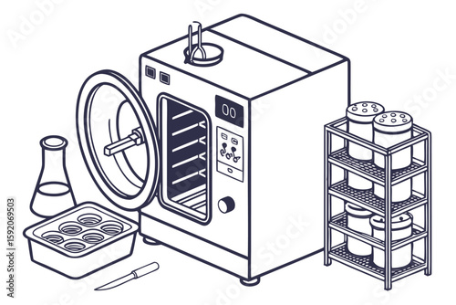 Isometric Laboratory Setup Depicting Scientific Equipment Including Rotary Evaporator, Shelf Rack, Flask, and Chemical Mold