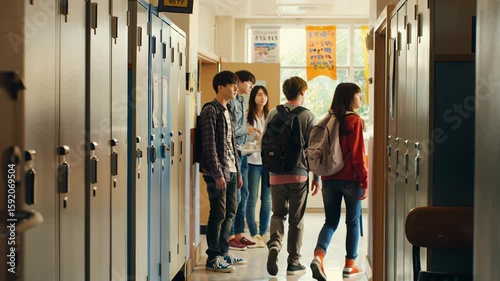 Teenagers walking through a crowded high school hallway in slow motion
