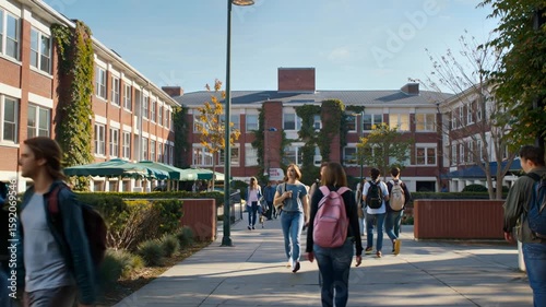 University students walking in all directions on a busy campus walkway