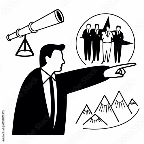 Minimalist line art of a leader pointing forward with a team behind, telescope and mountain icons symbolizing vision and direction, simple clean lines