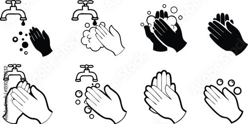 Handwashing Steps Illustrated Black and White Guide to Proper Hygiene Promoting Health and Preventing Germs Spread