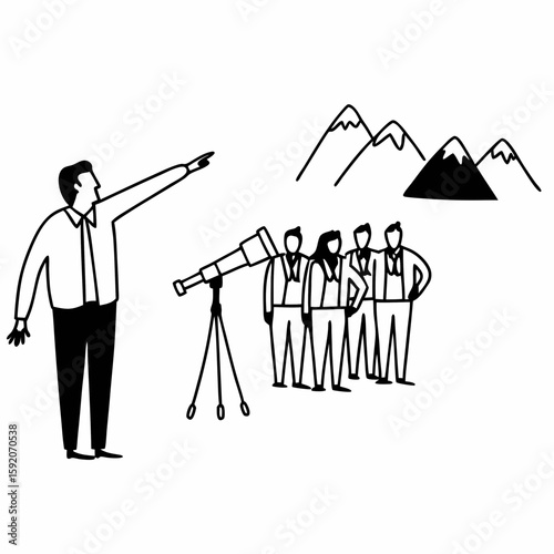Minimalist line art of a leader pointing forward with a team behind, telescope and mountain icons symbolizing vision and direction, simple clean lines