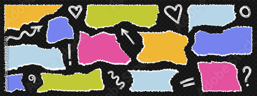 Notebook or scrapbook page with a torn paper edge. Vector sheet showing a cutout frame with uneven, wavy contours and a textured, rough finish. Modern abstract ripped paper design suitable for collage
