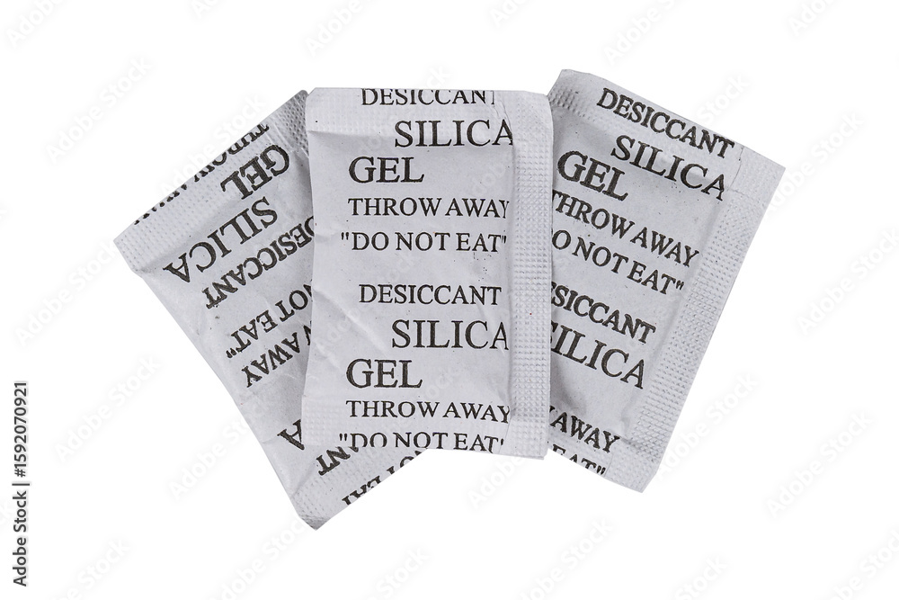 Fototapeta premium Silica gel or desiccant in paper bag isolated on transparent PNG. 