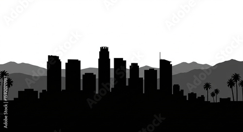 Black and White Silhouette of the Los Angeles Skyline with Mountains