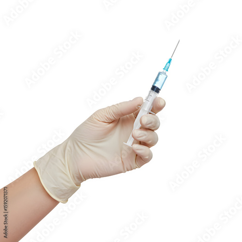 Female Hand in Medical Glove Holding Syringe, Isolated on White or Transparent Background