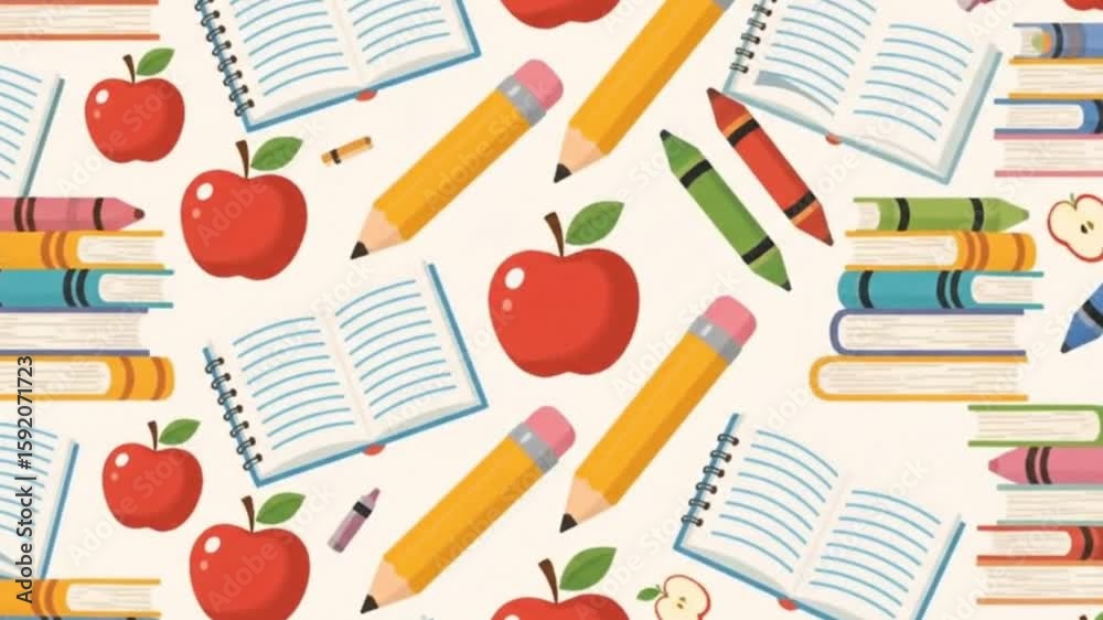 A pattern features books pencils apples and crayons on a light background