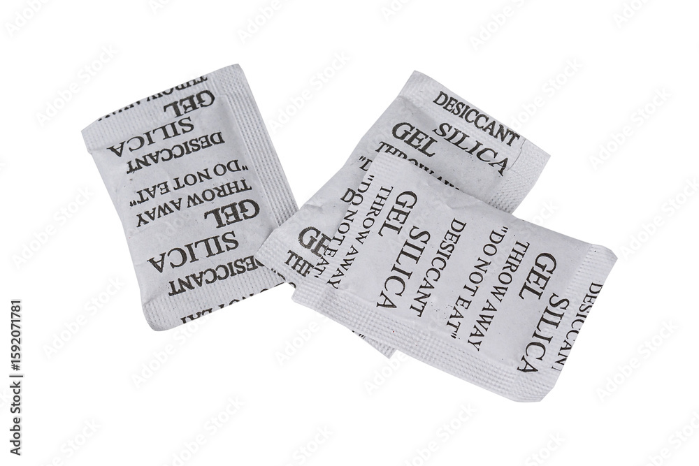 Fototapeta premium Silica gel or desiccant in paper bag isolated on transparent PNG. 