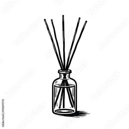 Reed diffuser with wooden sticks in a glass bottle on transparent background  